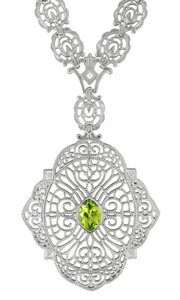Edwardian Filigree Drop Pendant Necklace with Peridot and Diamond in Sterling Silver
