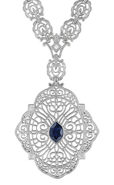 Edwardian Filigree Sapphire and Diamond Drop Pendant Necklace in Sterling Silver