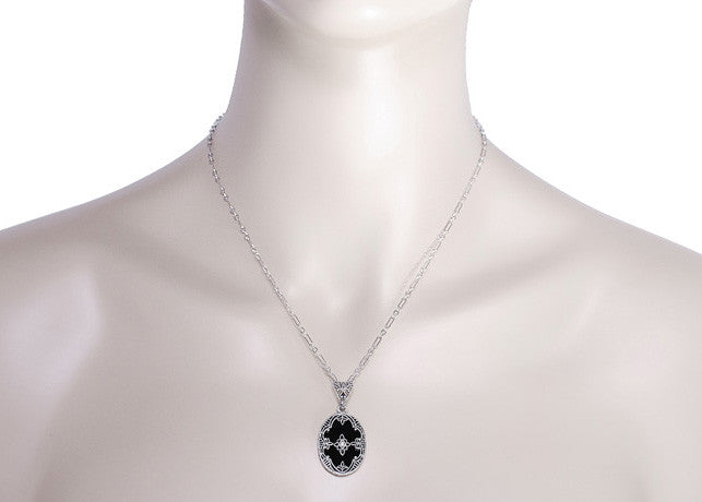 Art Deco Flowers Oval Black Onyx and Diamond Filigree Pendant Necklace in Sterling Silver - Item: N154 - Image: 4