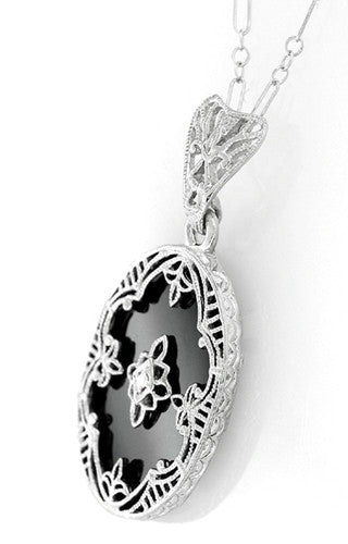 Art Deco Flowers Oval Black Onyx and Diamond Filigree Pendant Necklace in Sterling Silver - Item: N154 - Image: 2