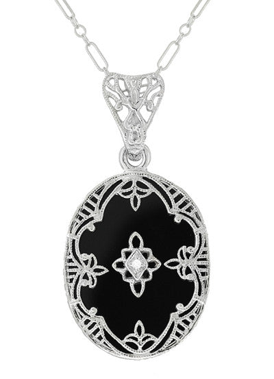 Art Deco Flowers Oval Black Onyx and Diamond Filigree Pendant Necklace in Sterling Silver