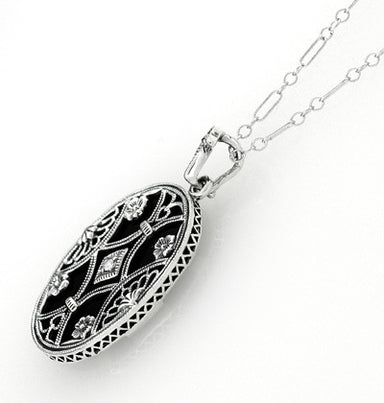 Art Deco Filigree Flowers and Scrolls Black Onyx and Diamond Vintage Filigree Pendant in Sterling Silver - alternate view