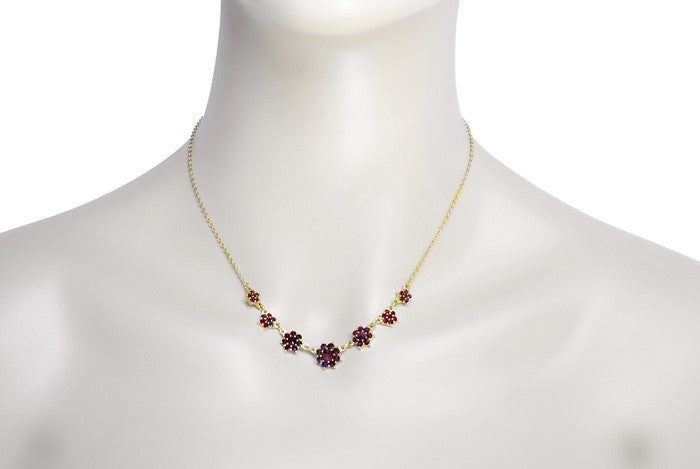 Victorian Bohemian Garnet Flowers Crescent Necklace in Sterling Silver with Yellow Gold Vermeil - Item: N156 - Image: 3