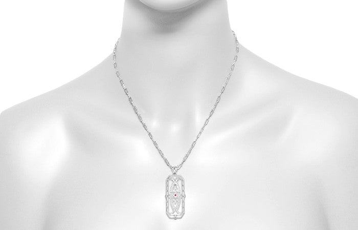 Art Deco Filigree Ichthys Fish Ruby Pendant - Sterling Silver Vintage Necklace Design - Item: N161WR - Image: 4