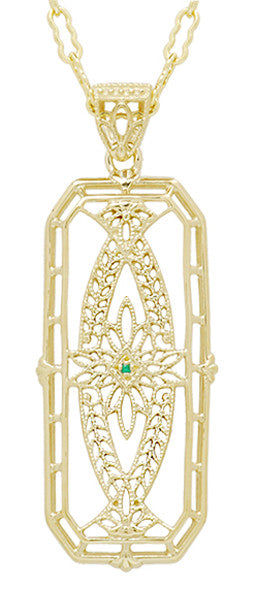Vintage Style 1930's Deco Filigree Emerald Ichthus Pendant Necklace in Yellow Gold Vermeil Over Sterling Silver