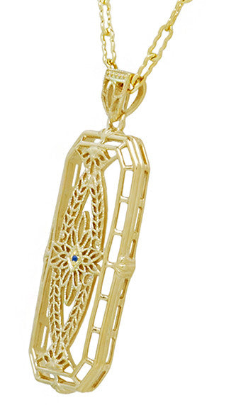 1930's Vintage Inspired Filigree Sapphire Ichthus Pendant in Yellow Gold Vermeil Over Sterling Silver - alternate view