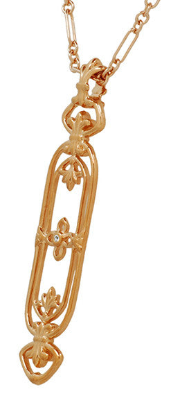 Side of Rose Gold Art Nouveau Antique Filigree Cartouche Fleur De Lys Diamond Pendant - N164RD