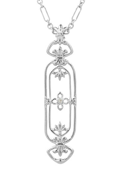 Sterling Silver Circa 1910 Antique Art Nouveau Filigree Fleur de Lys Diamond Pendant Necklace - N164WD
