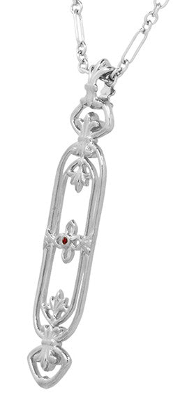 Filigree Art Nouveau Fleur De Lys Ruby Pendant Necklace in Sterling Silver - alternate view