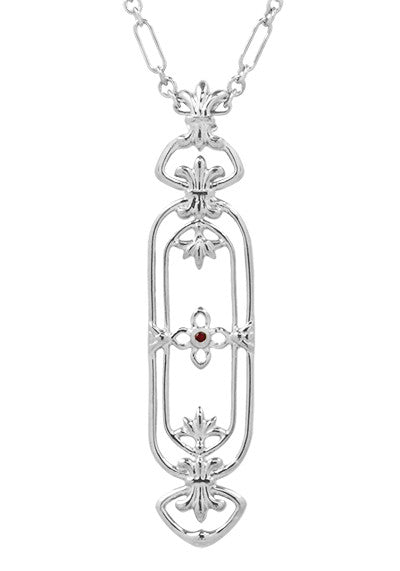Filigree Art Nouveau Fleur De Lys Ruby Pendant Necklace in Sterling Silver
