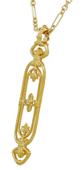 Side view - Yellow Gold Plated Vintage Art Nouveau Fleur de Lys Filigree Diamond Pendant Necklace - Cartouche Design - N164YD