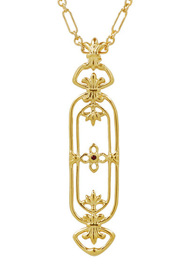 Art Nouveau Filigree Fleur De Lys Cartouche Ruby Pendant Necklace in Yellow Gold Vermeil Over Sterling Silver