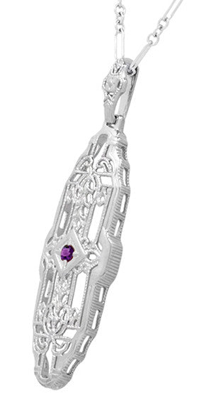 North South 1920's Filigree Amethyst Pendant Necklace in Sterling Silver - Art Deco Antique Inspired - alternate view