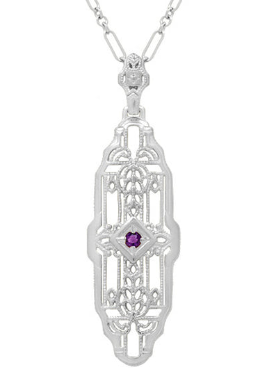 North South 1920's Filigree Amethyst Pendant Necklace in Sterling Silver - Art Deco Antique Inspired
