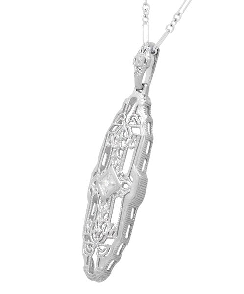 1920's Art Deco Filigree Lozenge Shape Diamond Pendant in Sterling Silver - Item: N165WD - Image: 2