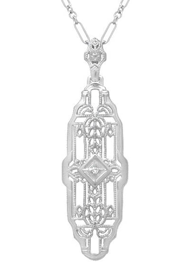 1920's Art Deco Filigree Lozenge Shape Diamond Pendant in Sterling Silver