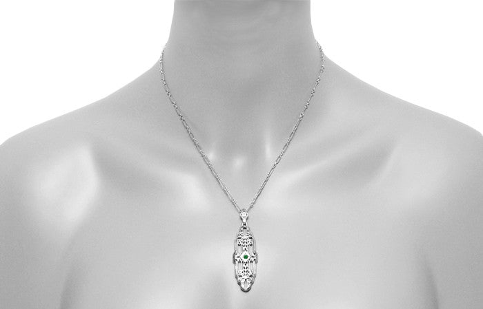 Art Deco Geometric Lozenge Filigree Emerald Pendant in Sterling Silver - Item: N165WE - Image: 4