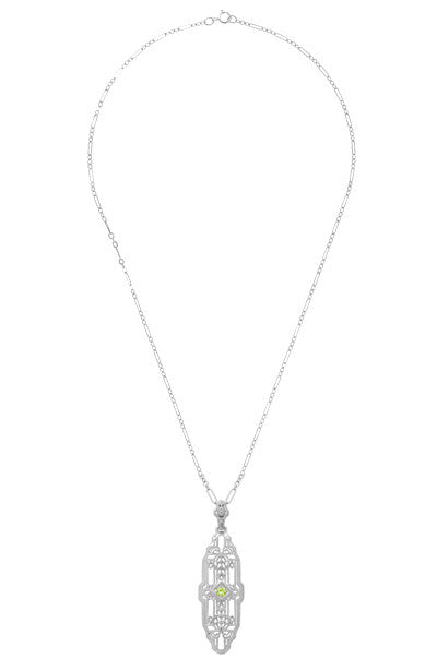 1920's Filigree Peridot Pendant Necklace in Sterling Silver - Art Deco Lozenge Shape - Item: N165WPER - Image: 3