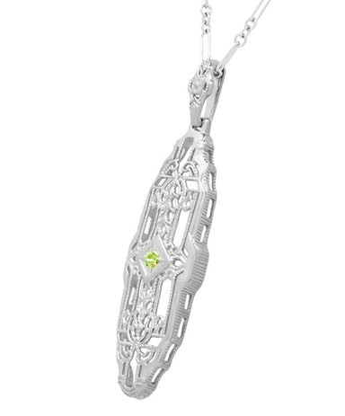 1920's Filigree Peridot Pendant Necklace in Sterling Silver - Art Deco Lozenge Shape - alternate view
