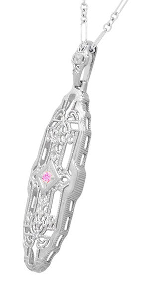 Filigree Art Deco Pink Sapphire Lozenge Shape Necklace in Sterling Silver - alternate view
