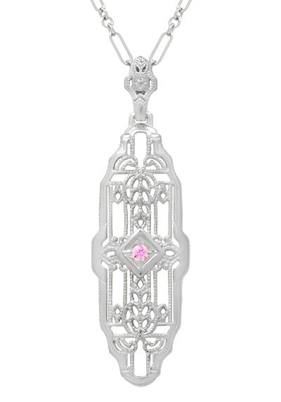Filigree Art Deco Pink Sapphire Lozenge Shape Necklace in Sterling Silver