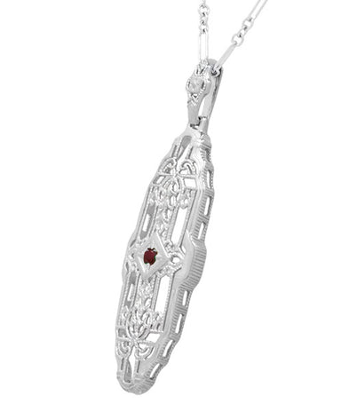 1920's Art Deco Filigree North South Ruby Pendant Necklace in Sterling Silver - alternate view