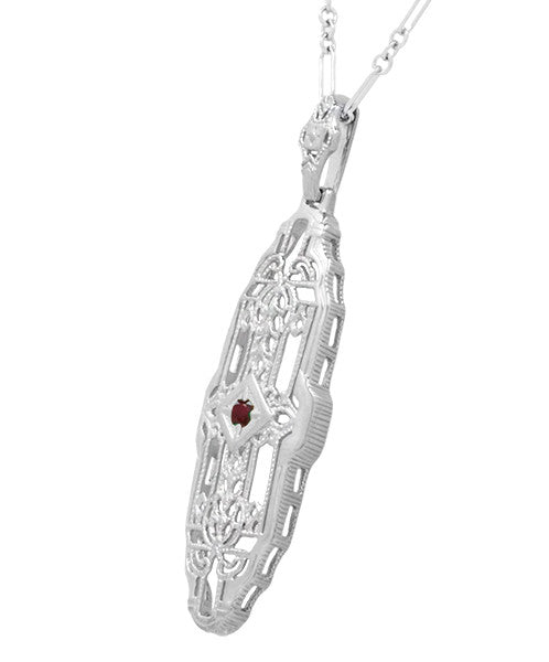 1920's Art Deco Filigree North South Ruby Pendant Necklace in Sterling Silver - Item: N165WR - Image: 2