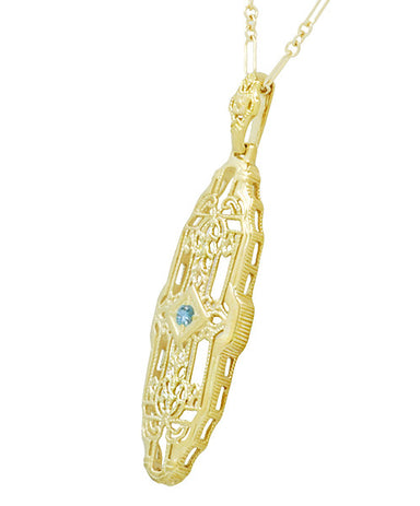 1920's Art Deco Filigree Sky Blue Topaz Necklace in Yellow Gold Over Sterling Silver - alternate view