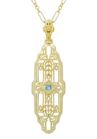 1920's Art Deco Filigree Sky Blue Topaz Necklace in Yellow Gold Over Sterling Silver