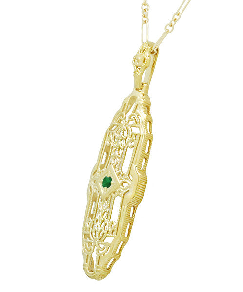 Art Deco Filigree Emerald Lozenge Pendant Necklace in Sterling Silver with Yellow Gold Vermeil - Item: N165YE - Image: 2