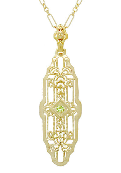 Art Deco Filigree Vintage Inspired Peridot Lozenge Pendant Necklace in Yellow Gold Over Sterling Silver