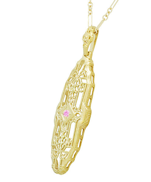 Filigree Lozenge Shape 1920's Art Deco Pink Sapphire Necklace in Sterling Silver with Yellow Gold Vermeil - Item: N165YPS - Image: 2