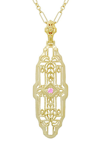 Filigree Lozenge Shape 1920's Art Deco Pink Sapphire Necklace in Sterling Silver with Yellow Gold Vermeil