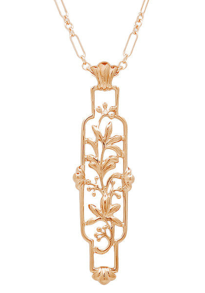 Art Nouveau Trailing Lilies Filigree Pendant Necklace in Sterling Silver with Rose Gold Vermeil