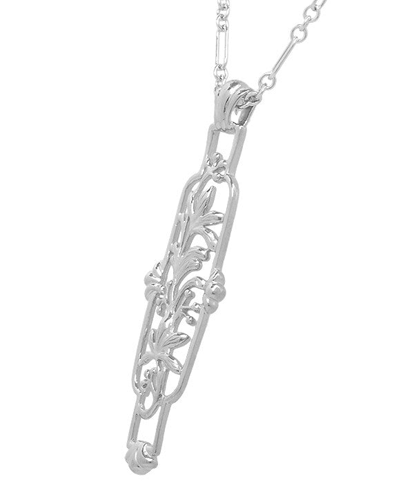 Floral Filigree Art Nouveau Cartouche Pendant Necklace in Sterling Silver - Item: N166W - Image: 2