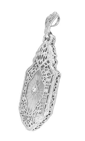 Art Deco Lavalier Filigree Starburst Crystal & Diamond Pendant Necklace in Sterling Silver - alternate view