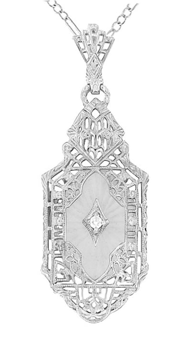 Art Deco Lavalier Filigree Starburst Crystal & Diamond Pendant Necklace in Sterling Silver