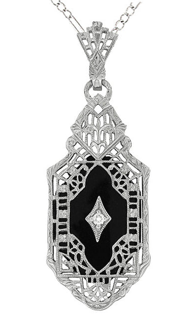 Art Deco Filigree Onyx and Diamond Pendant Necklace in 14 Karat White Gold