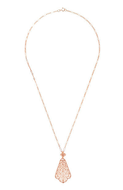 Edwardian Rose Gold Vermeil Scalloped Leaf Dangling Filigree Pendant Necklace - Item: N169R - Image: 3