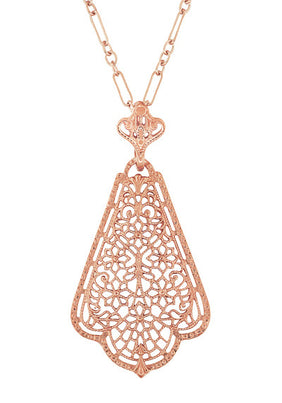 Edwardian Rose Gold Vermeil Scalloped Leaf Dangling Filigree Pendant Necklace