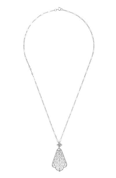 Scalloped Leaf Dangling Filigree Edwardian Pendant Necklace in Sterling Silver - Item: N169W - Image: 3