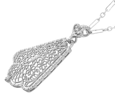 Scalloped Leaf Dangling Filigree Edwardian Pendant Necklace in Sterling Silver - alternate view