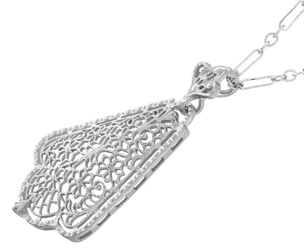 Scalloped Leaf Dangling Filigree Edwardian Pendant Necklace in Sterling Silver - Item: N169W - Image: 2