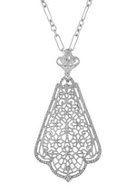Scalloped Leaf Dangling Filigree Edwardian Pendant Necklace in Sterling Silver