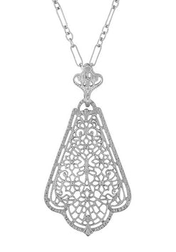 Scalloped Leaf Dangling Filigree Edwardian Pendant Necklace in Sterling Silver