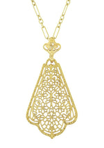 Edwardian Scalloped Leaf Dangling Filigree Pendant Necklace in Sterling Silver with Yellow Gold Vermeil