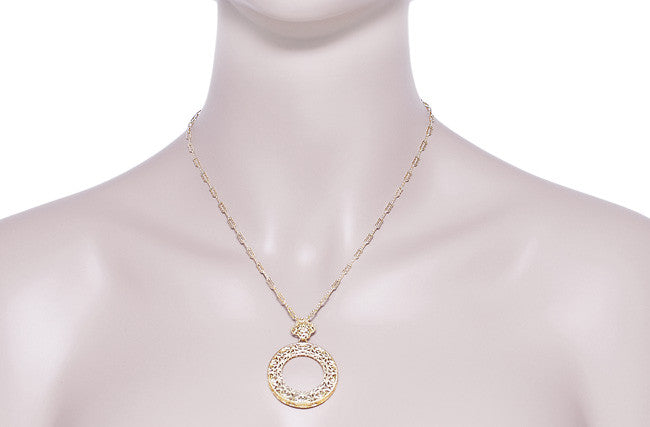 Art Deco Eternal Circle of Love Filigree Pendant Necklace in Sterling Silver with Yellow Gold Vermeil - Item: N170Y - Image: 4