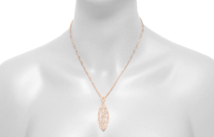 Filigree Leaf Art Deco Rose Gold Vermeil Diamond Pendant Necklace in Sterling Silver - Item: N171RD - Image: 4