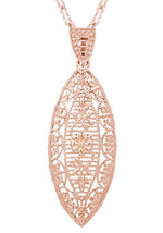 Filigree Leaf Art Deco Rose Gold Vermeil Diamond Pendant Necklace in Sterling Silver