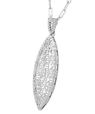 Art Deco Dangling Leaf Diamond Filigree Necklace in Sterling Silver - alternate view